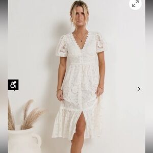 By the river White Lace Midi Dress with Puff Sleeves - size S
